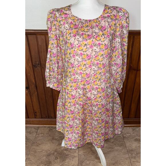 NWT Womens En Saison Pink Floral‎ Seersucker Mini Dress Pockets Open Back Size S - Picture 1 of 13